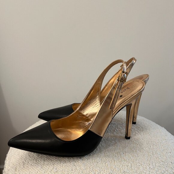 Kate Spade Black Leather Gold Slingback Pointed Toe Pumps – US 8 - Picture 3 of 7